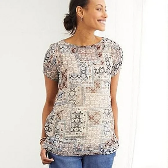1037 * J. Jill Patchwork Print Blouse Cream Brown Size XS - Picture 1 of 8